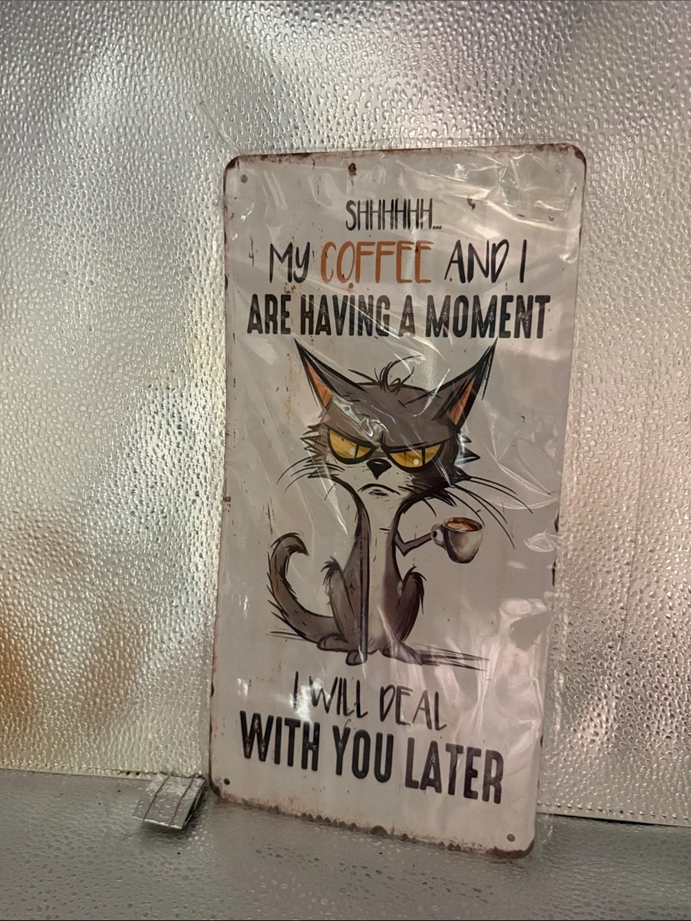 Coffee Cat Wall Sign - White Background with Brown Cat